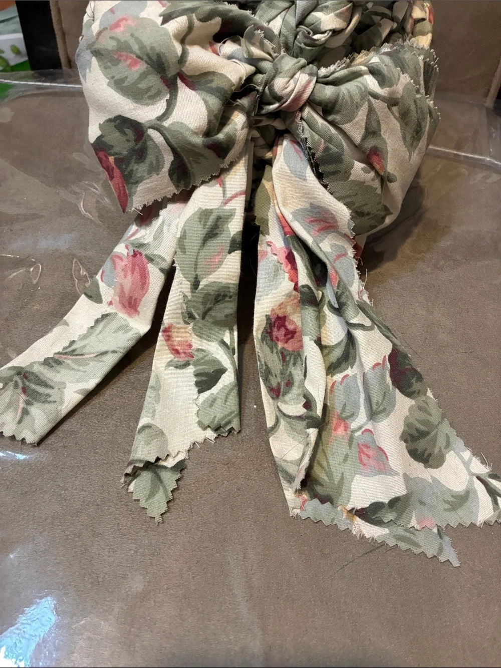 Woven Floral Fabric Basket with Bow Accent - Green Floral
